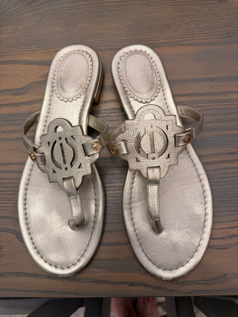 crown & ivy Metallic Gold Logo Thong Sandals